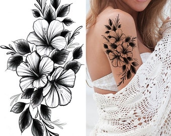 Morning Glory Flower Leaves Body Tattoos Black Sketch Morning Glory Flower Branch Leaf Body Waist Arm Neck Temporary Art Tattoos BKSeries