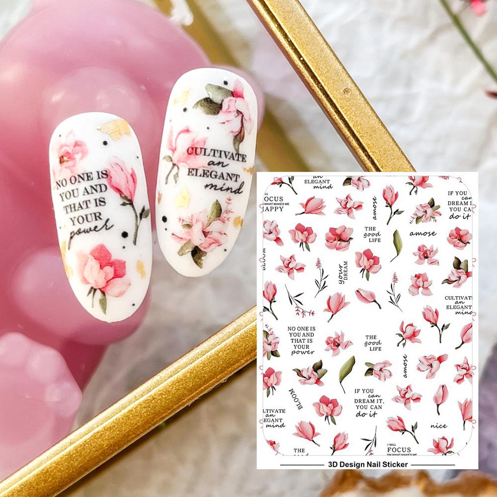 Pink Magnolia Flowers Nail Art Stickers Plum Blossoms Hibiscus Rose Peony Carnation Flower Floral Design Self Adhesive Nail Art Decals E4HY