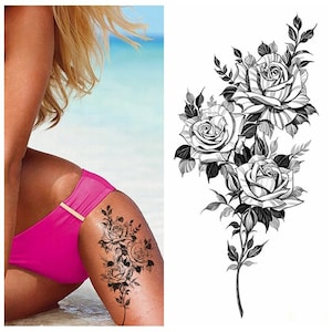 Flower Branch Rose Shaded Hand Drawing Body Tattoos Black Sketch Flower Floral Design Body Waist Arm Neck Leg Temporary Tattoo BKSeries