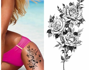 Flower Branch Rose Shaded Hand Drawing Body Tattoos Black Sketch Flower Floral Design Body Waist Arm Neck Leg Temporary Tattoo BKSeries