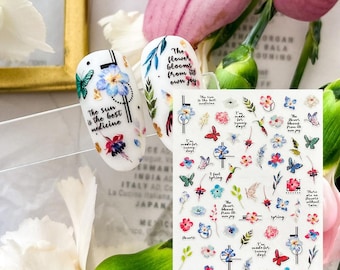 Colorful Flowers Butterfly Coneflower Nail Stickers Hummingbirds Primrose Yellow Alyssum Daisy Iris Rose Self Adhesive Nail Decals E4HY