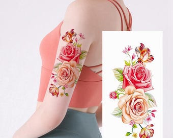 Tatuajes temporales de flores coloridas, rosas y lirios, margaritas, hojas verdes, bocetos dibujados a mano, para el cuerpo, el pecho, la cintura, los brazos, las piernas y el cuello. TSBX
