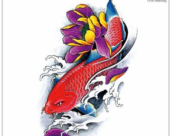 Pez koi nadando río arriba Tatuajes de flores de loto Nelumbo nucifera Coloridos peces Olas Cuerpo Pecho Cintura Brazo Tatuajes de arte temporales THBSeries