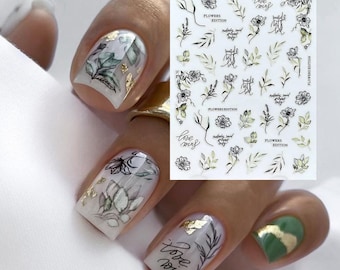 Small Flowers Branches Nail Art Stickers Leaf Branches Hibiscus Rose Peony Daisy Periwinkle Birds Butterfly Self Adhesive Nail Decals E4HY