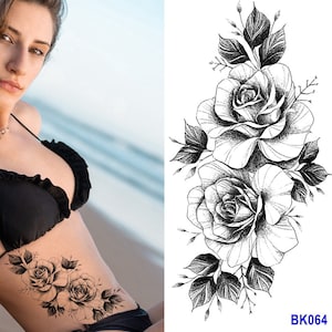 Rose Flower  Body Tattoos Black Hand Drawn Rose Flower Branch Leaf Body Waist Arm Neck Temporary Art Tattoos BKSeries