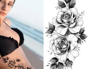 Rose Flower  Body Tattoos Black Sketch Rose Flower Branch Leaf Body Waist Arm Neck Temporary Art Tattoos BKSeries