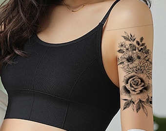 Waterbestendige tatoeages met pioenroosmotief en bloemenprint 6091