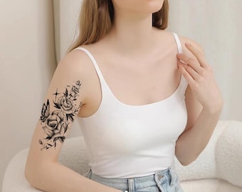 Tijdelijke lichaamstatoeages met zwarte bloemen, bloemenmotief 6091