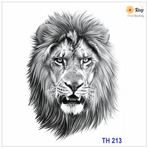 May include: Black and white drawing of a lion's head with a fierce expression. The lion has a thick mane and a prominent nose. The image is simple and detailed, with a focus on the animal's features.