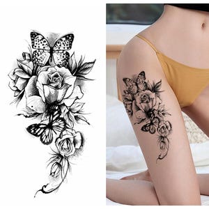 Shaded Flower Butterfly Body Tattoos Black Roses Leaf Flowers Hand Drawing Body Waist Arm Neck Temporary Art Tattoos FFSeries