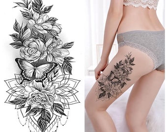 Flower Butterfly Mandala Lotus Hand Drawing Body Tattoos Black Sketch Flower Floral Design Body Waist Arm Neck Leg Temporary Tattoo BKSeries