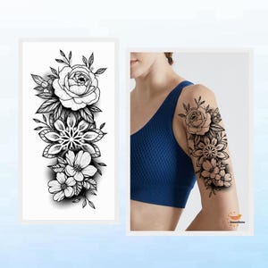 Peony Flowers Butterfly Hand Drawing Body Tattoos Black Sunflower Daisy Sketch Floral Design Waist Arm Leg Temporary Tattoo BKSeries