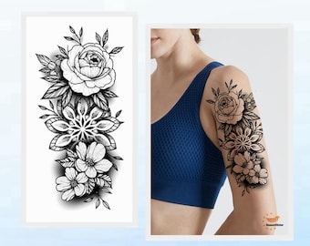 Peony Flowers Butterfly Hand Drawing Body Tattoos Black Sunflower Daisy Sketch Floral Design Waist Arm Leg Temporary Tattoo BKSeries