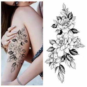 Flower Peony Hand Drawing Body Tattoos Black Sketch Flower Floral Design Shaded Flower Body Waist Arm Neck Leg Temporary Tattoo BKSeries