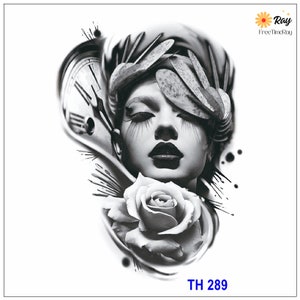 Women Clock Dial Rose Flowers Body Tattoos Butterfly Feather Girl Lotus Rose Body Chest Waist Arm Neck Temporary Art Tattoos THBSeries