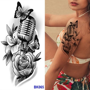 Rose Flower Microphone Butterfly Body Tattoos Black Hand Drawn Rose Iris Flower Leaf Body Waist Arm Neck Temporary Art Tattoos BKSeries