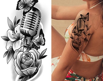 Rose Flower Microphone Butterfly Body Tattoos Black Sketch Rose Iris Flower Leaf Body Waist Arm Neck Temporary Art Tattoos BKSeries