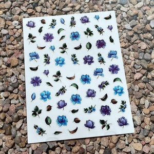 Blue Purple Flowers Lotus Nail Stickers Blue Daisy Periwinkle Salvia Bluebird Rose leaf Branch Self Adhesive Nail Decals E4HY