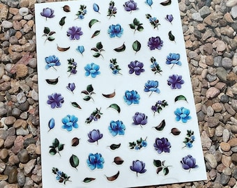 Pegatinas para uñas con flores de loto, margaritas azules, bígaro, salvia, pájaro azul, hojas de rosa, ramas, calcomanías autoadhesivas para uñas E4HY