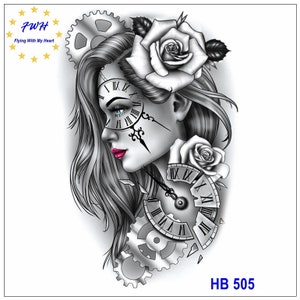 Women Clock Dial Rose Body Tattoos Flowers Butterfly Girl Body Chest Waist Arm Neck Temporary Waterproof Art Tattoos THBSeries