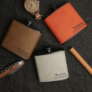 Frasco de cuero grabado para padrinos de boda, frasco personalizado para hombres, frasco para padrinos de boda, frasco para padrinos de boda, frasco con monograma, regalos para bodas