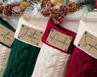 Personalized Family Christmas Stockings, 2026 Family Stockings with Name, Leather Patch Knitted Stockings, Holiday Stockings, Christmas Gift
