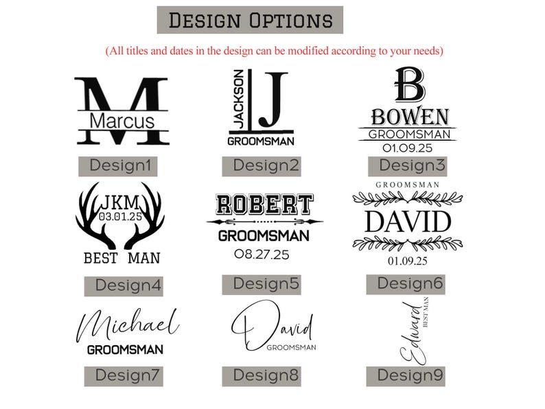 Puede incluir: Nueve opciones de dise&ntilde;o para un regalo personalizado de padrino de boda. Cada dise&ntilde;o presenta un nombre, un t&iacute;tulo y una fecha diferentes. Los dise&ntilde;os incluyen un monograma, un nombre con un t&iacute;tulo, un nombre con una fecha y un nombre con un t&iacute;tulo y una fecha.