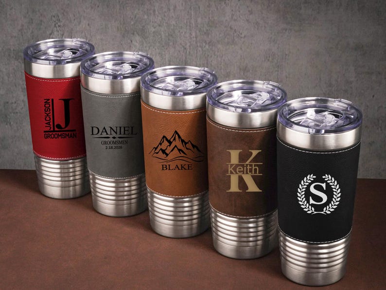 Vasos personalizados para hombre, vasos de cuero grabados, taza de viaje con aislamiento, regalos para padrinos de boda, regalo de San Valentín, regalo para el padrino de boda. imagen 4