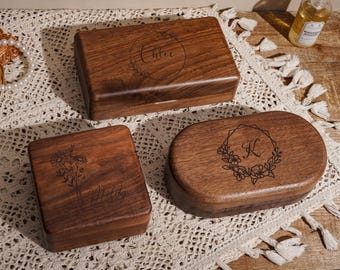 Personalized Engrave Wood Jewelry Box, Bridesmaid Gift, Custom Birth Flower Keepsake, Travel Jewelry Box