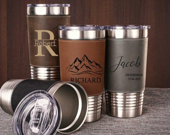 Personalized men&#39;s engraved Tumblers,  Engraved Leather Tumblers, Insulated Travel Mug, Groomsmen Gifts,  Valentine&#39;s Gift, Best Man Gift