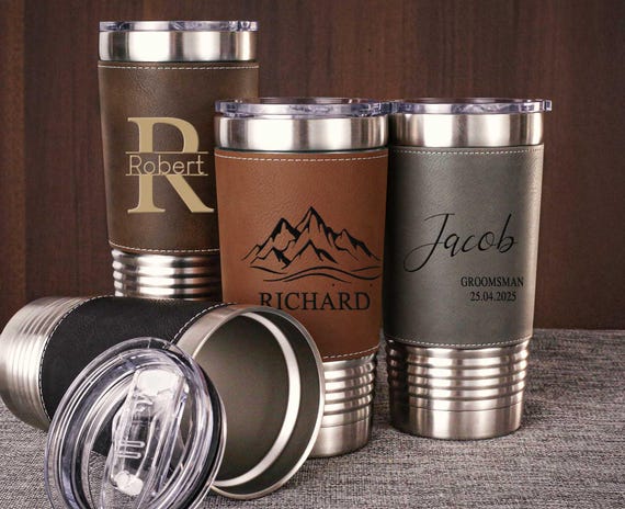 Personalized men's engraved Tumblers,  Engraved Leather Tumblers, Insulated Travel Mug, Groomsmen Gifts,  Valentine's Gift, Best Man Gift