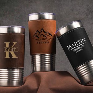 Vasos personalizados para hombre, vasos de cuero grabados, taza de viaje con aislamiento, regalos para padrinos de boda, regalo de San Valentín, regalo para el padrino de boda. imagen 3