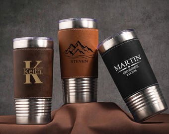 Personalized men's engraved Tumblers,  Engraved Leather Tumblers, Insulated Travel Mug, Groomsmen Gifts,  Valentine's Gift, Best Man Gift