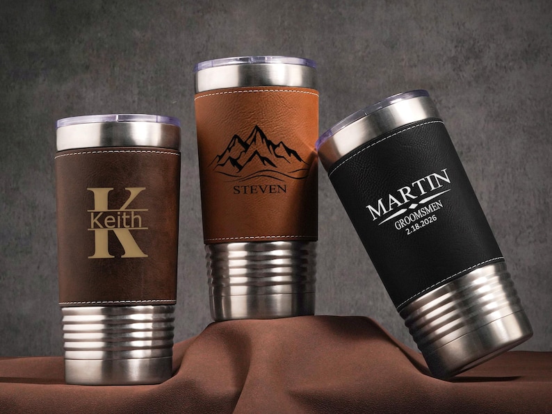 Vasos personalizados para hombre, vasos de cuero grabados, taza de viaje con aislamiento, regalos para padrinos de boda, regalo de San Valentín, regalo para el padrino de boda. imagen 3