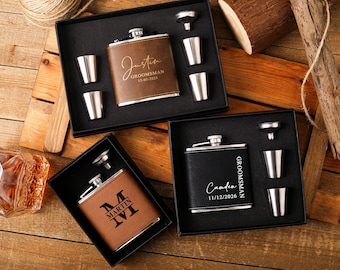 Frasco de cuero personalizado para hombres, frasco de cuero grabado personalizado para padrinos de boda, regalos para padrinos de boda, frasco de regalo para padrinos de boda, regalos para padrinos de boda