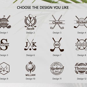 May include: A selection of golf-themed designs with text, including names like "James," "Jacob," and "Charles," and phrases like "Choose the design you like." The designs feature golf balls, clubs, and other related imagery.