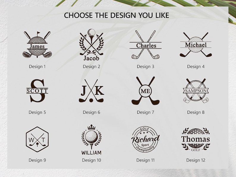 May include: A selection of golf-themed designs with text, including names like "James," "Jacob," and "Charles," and phrases like "Choose the design you like." The designs feature golf balls, clubs, and other related imagery.