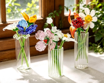 Hand Blown Month Glass Flower Bouquet, Spring Birth Month Ornament, Artisanal Gift, Birth Flower Gift, Gift For Her