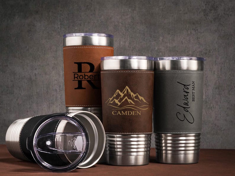 Vasos personalizados para hombre, vasos de cuero grabados, taza de viaje con aislamiento, regalos para padrinos de boda, regalo de San Valentín, regalo para el padrino de boda. imagen 13