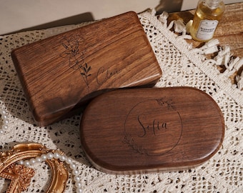 Personalized Engrave Wood Jewelry Box, Bridesmaid Gift, Custom Birth Flower Keepsake, Travel Jewelry Box