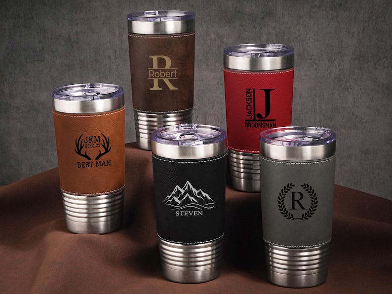 Vasos personalizados para hombre, vasos de cuero grabados, taza de viaje con aislamiento, regalos para padrinos de boda, regalo de San Valentín, regalo para el padrino de boda. imagen 2