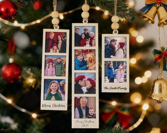 May include: Wooden Christmas ornaments with family photos. Each ornament has three photo slots and is strung with wooden beads. One ornament says "Merry Christmas", another says "Merry Christmas 2025", and another says "The Smith Family".
