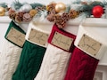 Personalized Family Christmas Stockings, 2025 Family Stockings with Name, Leather Patch Knitted Stockings, Holiday Stockings, Christmas Gift