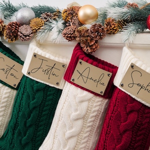 Personalized Family Christmas Stockings, 2025 Family Stockings with Name, Leather Patch Knitted Stockings, Holiday Stockings, Christmas Gift