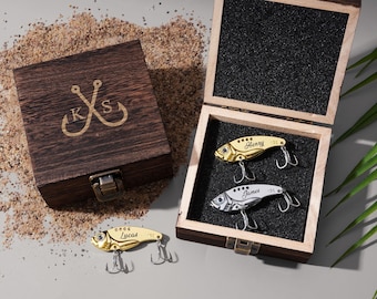 Custom Name Metal Fishing Lure With Wooden Box, Fisherman Keepsake, Dad Gift, Father's Day Gift, Lifelike Fish Shape