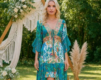 Vestido boho de seda com renda e bordados | Vestido maxi boho elegante | Vestido para convidada de casamento | Vestido maxi boho chic | Vestido