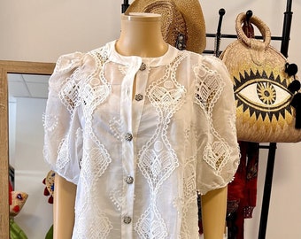 Short White Ibizan Boho Dress | Embroidered Button-Down Mini Dress | Romantic Cottagecore Summer Beach | Christening Pre-Wedding Graduation