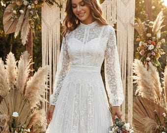 Weißes Boho-Hochzeitskleid aus Spitze, Midi-Kleid für standesamtliche Trauungen, lange transparente Ärmel, Vintage-Stil mit hohem Kragen, romantisches Strandkleid, Weiß