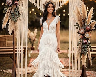 Vestido de Novia Boho de Encaje y Flecos | Vestido Bohemio Espalda Abierta para Boda Rústica o Playa | Estilo Hippie Chic V-Neck Alternativo