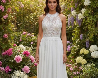 Lace Boho Wedding Dress | Halter Neckline with Flowy Chiffon Skirt | Beach Wedding Dress, Romantic Bohemian Wedding Dress, Rustic Civil